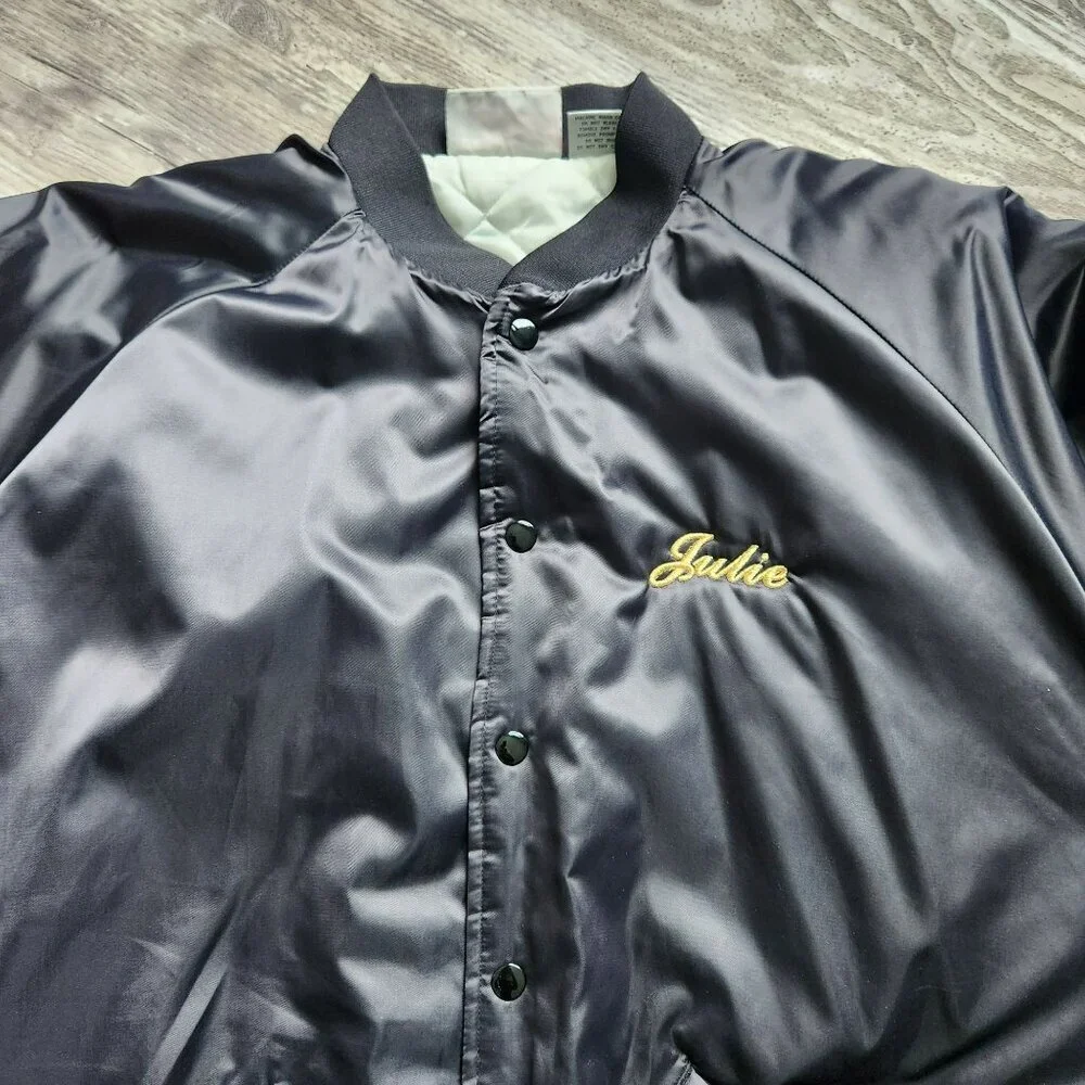 Vintage 90s Black Satin Bomber Jacket Moto Goldwing Graphic NAME Cardinal XL - Picture 9 of 13